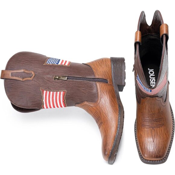 Men\'s Brown Western Boot Side Zipper American Flag Retro Square Toe Mid-Calf main image 4